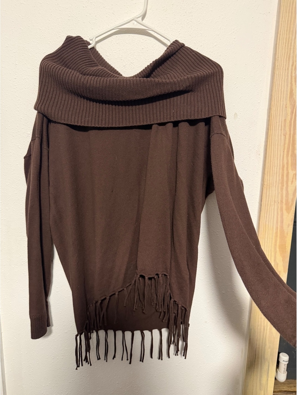 Michael Kors Brown Off Shoulder Cowl Neck Fringe Sweater Top